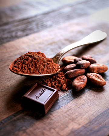 A rustic wooden surface displays a spoonful of cocoa powder, several cocoa beans, and a dark chocolate square, highlighting the journey from bean to bar.の写真素材