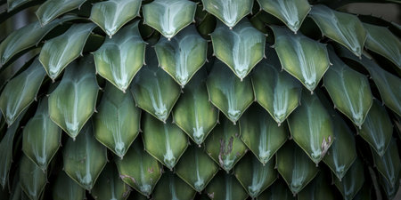 A detailed, abstract view of a succulent plant's leaves. The green, diamond-shaped foliage is...