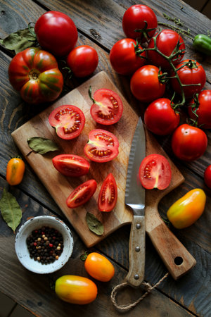 top view of cut and whole tomatoes on cutting board with other ones black pepper seeds on wooden backgroundの写真素材