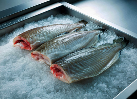 Three raw, cleaned fish fillets are displayed on a bed of crushed ice in a metal tray. The fish have...