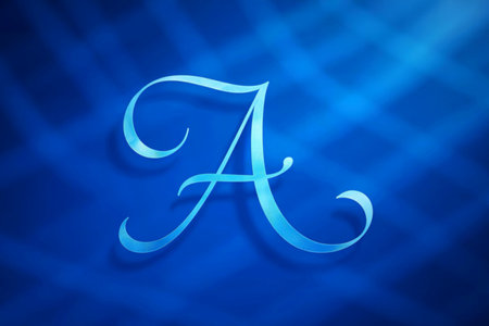 A stylized, glowing calligraphy letter A is centered on a deep blue background. The background features subtle diagonal lines and a soft gradient, creating a sense of depth and sophistication.の写真素材