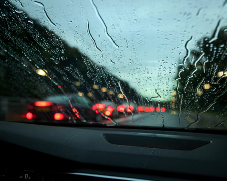 A view from inside a car looking through a rain-streaked windshield at a line of cars with their red taillights illuminated, during a cloudy day.の写真素材