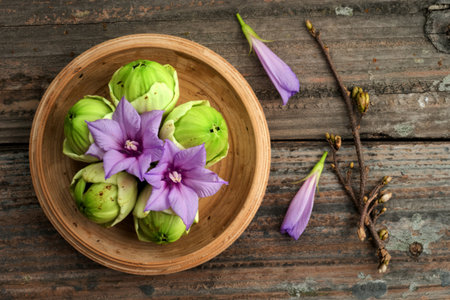 champa flower on wood backgroundの写真素材