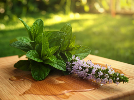 A close-up shot of vibrant green mint leaves and delicate purple water mint blossoms arranged on a light brown wooden cutting board with water droplets.の写真素材