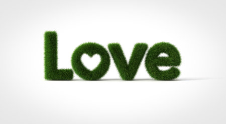 The word "Love" is spelled out in three dimensional, fluffy green grass letters against a clean white background. The letter O is formed into a heart shape.の写真素材