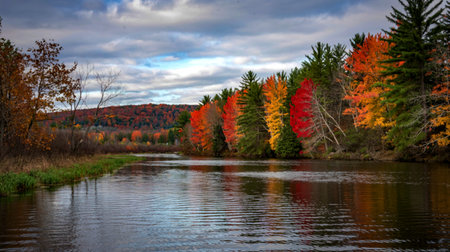 Fall foliage by river in Michigan countryside during autumn timeの写真素材
