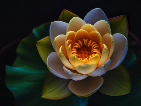 A detailed macro shot showcases a delicate water lily. Its vibrant yellow center is surrounded by layers of soft white and pale yellow petals, contrasted by dark green leaves.の写真素材