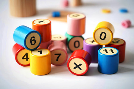 A collection of vibrant wooden cylinder blocks featuring numbers and mathematical symbols, arranged...