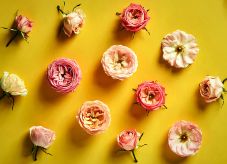 Flat lay beautifully bloomed colorful rose flowersの写真素材