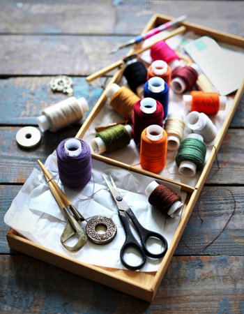 thread and material for handicrafts in box on a wooden background