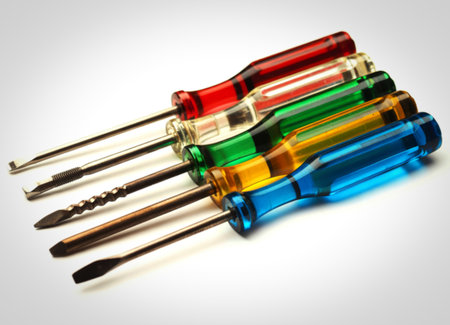A close-up, angled view showcases five screwdrivers with translucent, brightly colored handles in red, clear, green, yellow, and blue, set against a clean white backdrop.の写真素材