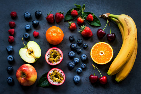 Flat lay various fresh fruits raspberry ,blueberry ,strawberry ,orange ,banana ,passion fruitの写真素材