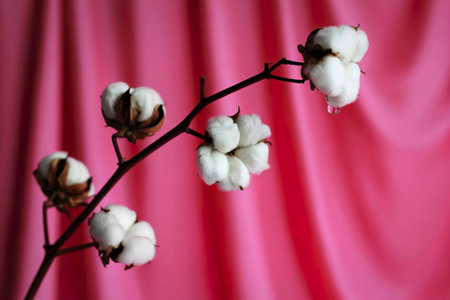 A delicate branch adorned with fluffy white cotton bolls is showcased against a softly draped,...