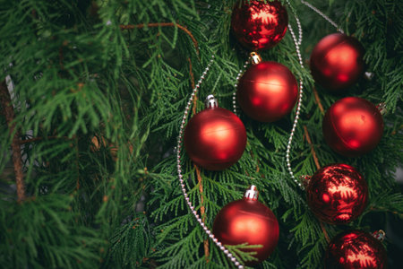A close-up shot showcases several shiny red Christmas ornaments hanging from a lush green pine...