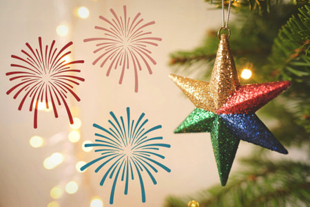 A close-up of a multi-colored glitter star ornament hanging on a Christmas tree. Stylized fireworks...