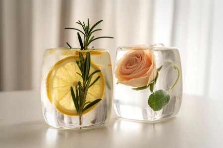 Two clear glasses filled with ice water, one with lemon slices and rosemary, the other with a...