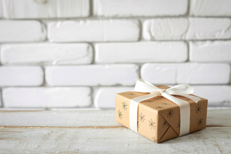 A simple, wrapped gift box with a white ribbon sits on a wooden surface in front of a textured white...