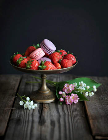 A vintage pedestal holds a generous serving of fresh strawberries and delicate macarons, accented by small floral arrangements on a rustic wooden surface.の写真素材