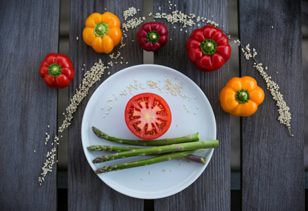 A vibrant assortment of bell peppers, tomato, and asparagus artfully arranged on a weathered wooden surface, ready for a healthy meal.の写真素材
