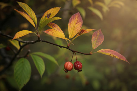 A close-up of a branch with fading green leaves turning yellow and red, bearing two small red...