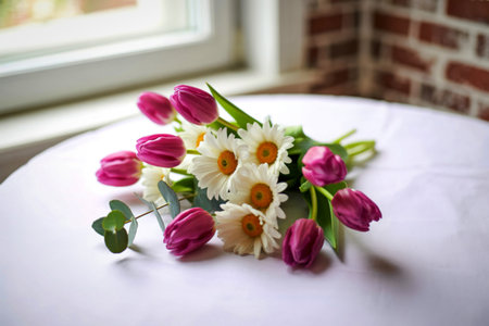 A vibrant bouquet of purple tulips and white daisies rests on a textured white surface, bathed in soft light near a window.の写真素材