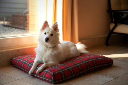 A beautiful fluffy white dog with alert ears is relaxing on a red and green plaid cushion near a...
