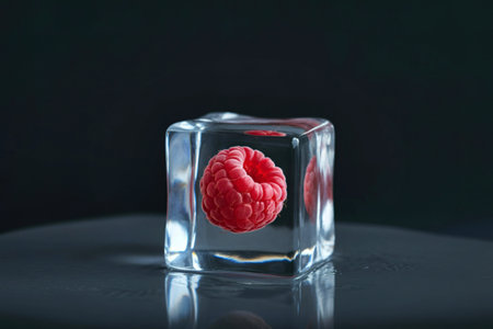 A vibrant red raspberry is encased in a perfectly clear, rectangular ice cube, presented against a...