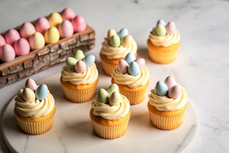 A collection of delicious Easter-themed cupcakes topped with swirled frosting and colorful candy...