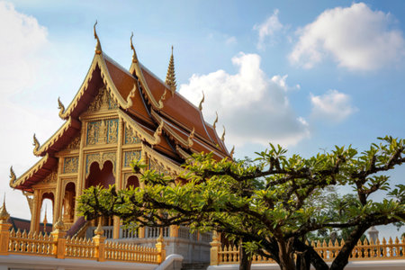 A stunning photograph showcasing a richly detailed golden Thai temple, partially obscured by a...