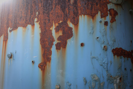 A close-up view of a weathered metal surface, featuring patches of peeling light blue paint and...