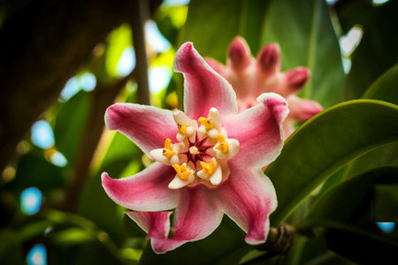A vibrant pink Hoya flower with yellow centers is captured in a close-up shot, showcasing its intricate details against a blurred background of lush green foliage.の写真素材