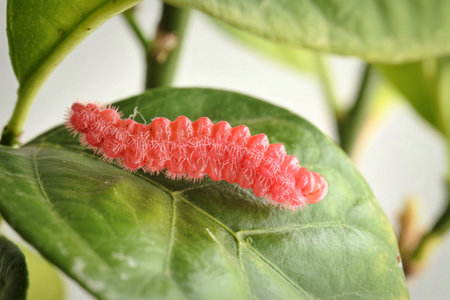 A close-up image shows a vibrant pink caterpillar with fine hairs, crawling on a lush green leaf.