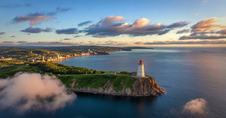 Scenic aerial view of lighthouse and coastal city at sunriseの写真素材