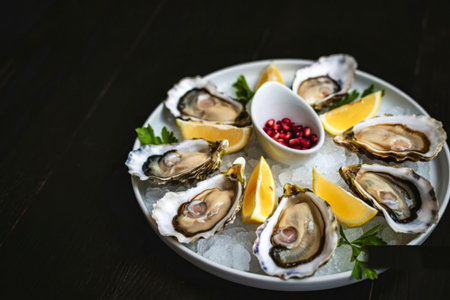 A white plate filled with fresh oysters on crushed ice, garnished with lemon wedges, parsley, and a small bowl of vibrant pomegranate seeds.の写真素材