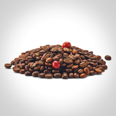 A close-up view of a mound of dark roasted coffee beans, with two vibrant red coffee cherries nestled on top, set against a clean white background.の写真素材