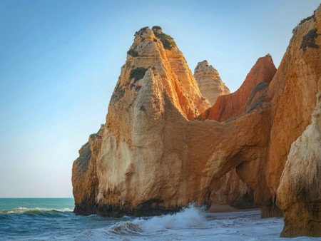 Algarve coastline dramatic rock formations and ocean wavesの写真素材