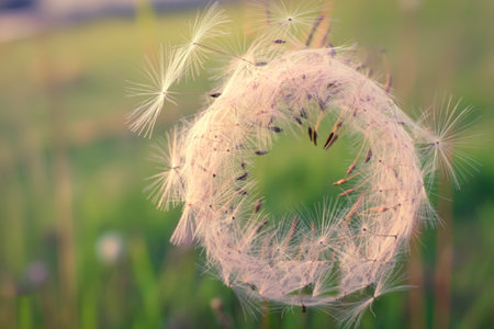 A close-up shot of a dandelion seed head, its delicate seeds forming a near-perfect circle against a softly blurred green background. The image evokes a sense of lightness and nature's artistry.の写真素材