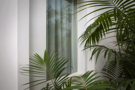 A close-up shot of a modern white wall featuring a window with sheer curtains and lush green palm...