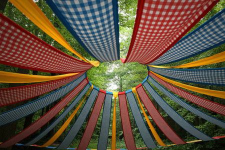 A circular arrangement of red, blue, and yellow gingham ribbons hangs overhead, creating a vibrant canopy against a backdrop of lush green trees and foliage.の写真素材