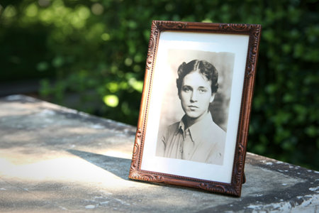A dark brown ornate frame holds a sepia-toned photograph of a young person with short, dark hair....