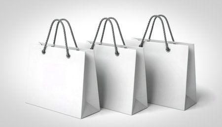 Three pristine white shopping bags with gray rope handles are arranged neatly on a white background, providing a clean and simple image ideal for mockups or branding.の写真素材