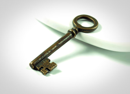 A close-up, high-angle shot features an antique, brass skeleton key with a worn patina. The key...