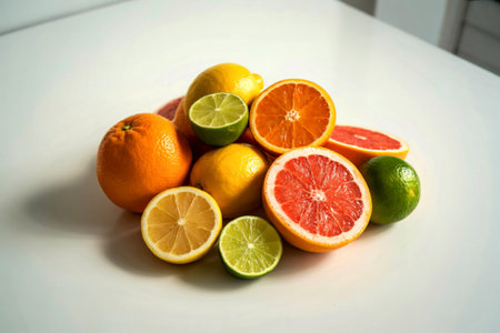 A colorful assortment of whole and halved citrus fruits are artfully arranged on a white surface, showcasing their juicy interiors and vibrant peels.の写真素材