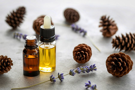 Two small glass bottles of essential oils are surrounded by pinecones and sprigs of dried lavender on a textured surface.の写真素材