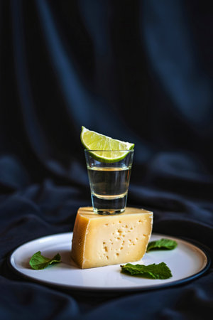 A shot glass with a clear liquid and a lime wedge sits atop a wedge of cheese on a white plate with...
