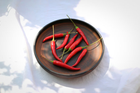 A collection of vibrant red chili peppers are artfully arranged in a dark, textured bowl, bathed in dappled sunlight.の写真素材