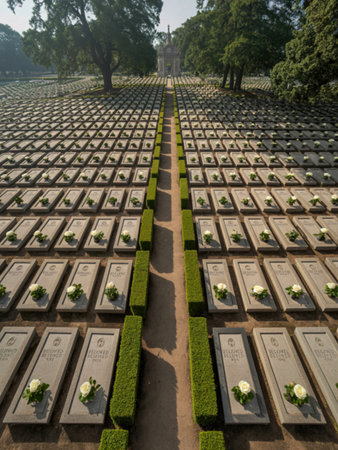 An aerial view of a vast cemetery with meticulously arranged rows of identical headstones, bordered by manicured hedges and trees.の写真素材