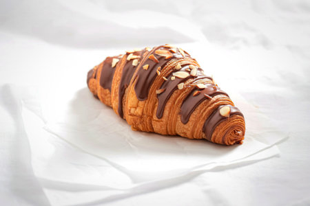A golden brown croissant drizzled with chocolate and topped with chopped almonds, presented on a white textured surface.の写真素材