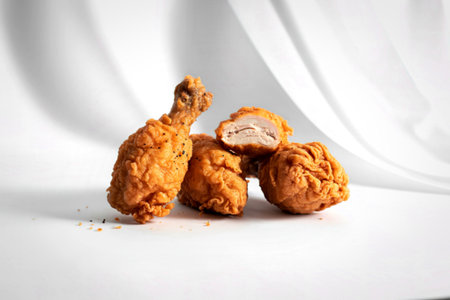 A close-up shot showcases several pieces of golden-brown, crispy fried chicken, with one piece cut...