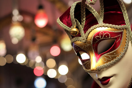 A close-up of an ornate Venetian mask with gold and red detailing, set against a blurred background of warm, glowing lights.の写真素材